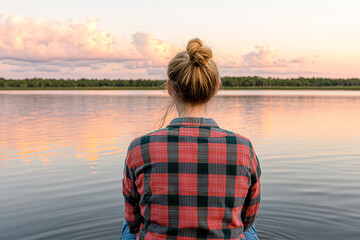 Fototapeta premium Reflective moment by the water nature scene tranquil environment sunset view
