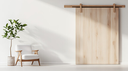 modern interior featuring wooden sliding door, plant, and chair