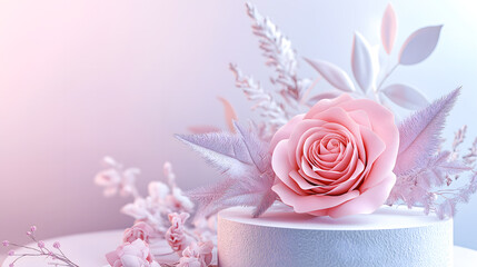 A large pastel-pink rose sits atop a textured light-colored pedestal, surrounded by delicate frosty foliage and smaller pink floral elements.