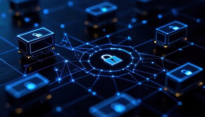 A digital lock represents cybersecurity in a network of connected devices.