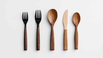 Elegant Set of Wooden and Black Kitchen Utensils Arranged on a White Surface for Culinary Use