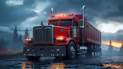 A robust red truck approaches through a foggy mountain road at dusk, its bright lights cutting through the hazy atmosphere, showcasing the rugged landscape