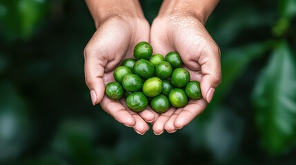 Coffee Agriculture Concept, Hands Gently Holding Fresh Green Coffee Cherries on Dewy Background with Lush Green Foliage