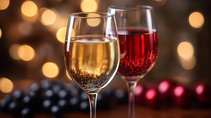 Naklejka premium Two elegant glasses filled with sparkling beverages sit on a wooden surface. Rounded bokeh lights twinkle in the background, creating a warm, festive atmosphere perfect for celebration