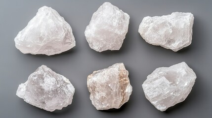 Six translucent white salt crystals arranged on a gray background. The crystals are irregularly shaped and have a rough texture. The image is a close