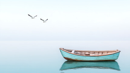 Naklejka premium serene fishing boat floats on calm waters, with seagulls flying above