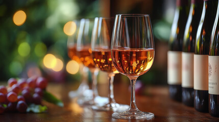Naklejka premium Glasses filled with rosé wine glisten in warm light, reflecting the lush greens and reds of grapes nearby. A row of elegant bottles sits invitingly, promising a delightful tasting experience