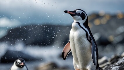Obraz premium A close-up of a Gentoo penguin standing on a rocky beach, water droplets in the air, with another penguin in the background. The scene captures a