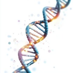A vibrant DNA strand twisting upward against a soft, blurred background, symbolizing genetics and biological complexity.