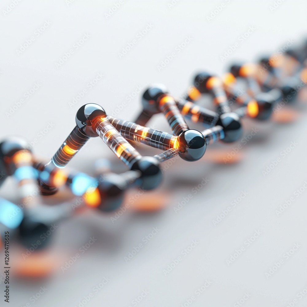Poster a close-up view of a dna molecule, showcasing its double helix structure with glowing elements, emph