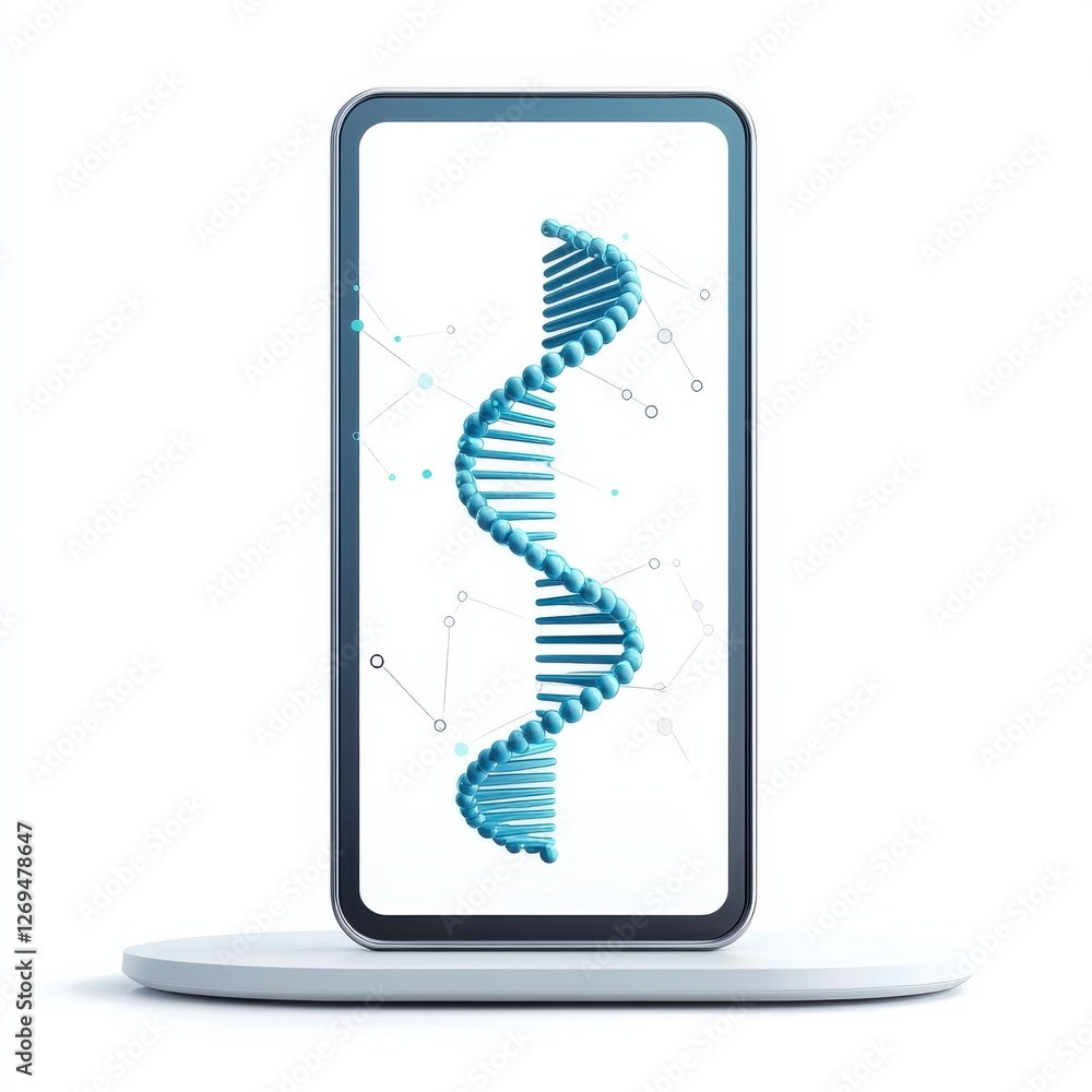Poster a modern smartphone displaying a 3d representation of a dna double helix, symbolizing technology and