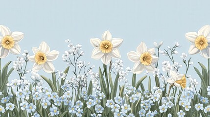 Fototapeta premium Elegant White Daffodils and Delicate Blue Forget-Me-Nots Against Sky Background