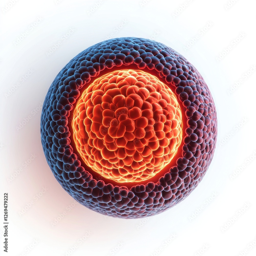 Aufkleber a vibrant, 3d depiction of a cell with a textured outer layer, showcasing a central nucleus and a co