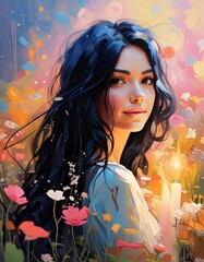 Abstract Portrait of a Girl in a colorful Style With Orange, Blue and Yellow, Oil Painting of Women with Candle.