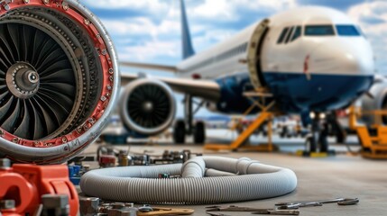 Airplane Maintenance Concept, Detailed View of Hydraulic Systems Under Maintenance in Aviation Setting