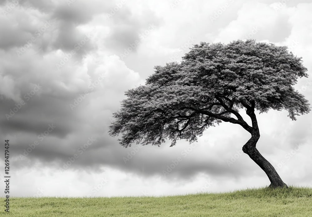 Poster Single tree on grassy hill against a stormy gray sky. The tree is dark gray and almost black, bending to the right. The sky is filled with dramatic