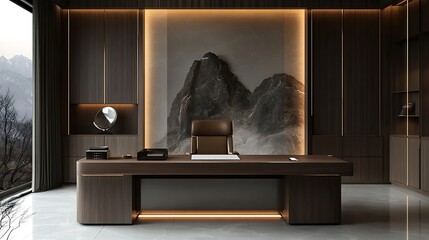 Modern Executive Office With Mountain View And Dark Wood Furnishings