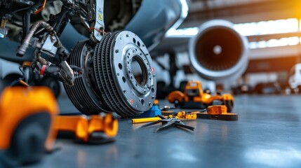 Fototapeta premium Airplane Maintenance Concept, Detailed View of an Airplane Brake System Under Repair with Tools and Equipment in an Aviation Workshop