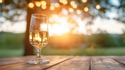 A sparkling glass of white wine sits on a wooden table, illuminated by warm sunset light, with a blurred natural background.