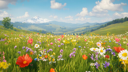 Obraz premium Vibrant wildflowers bloom in a lush green alpine meadow with a snow-capped mountain peak under a sunny blue sky.