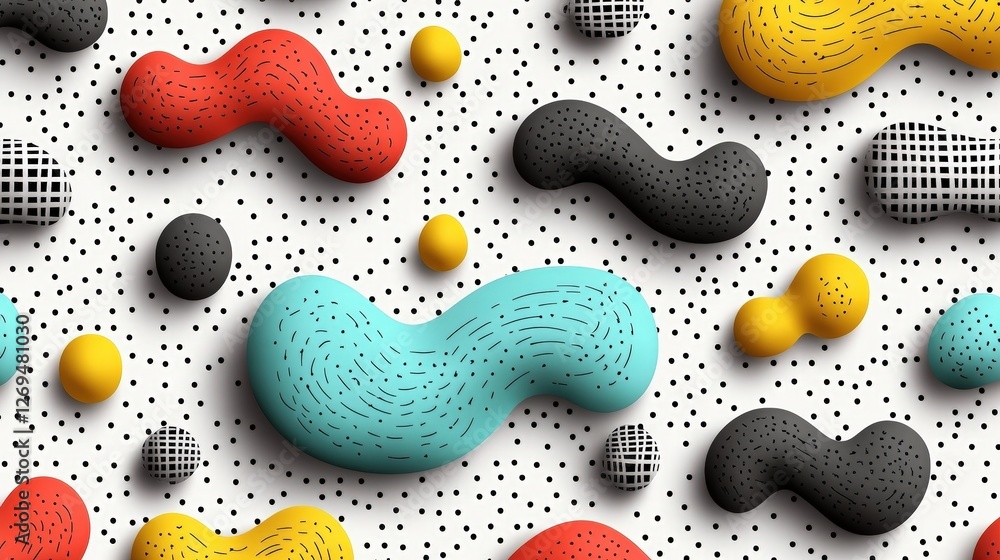 Poster abstract seam pattern featuring colorful shapes curved lines and squiggles in a wavy design