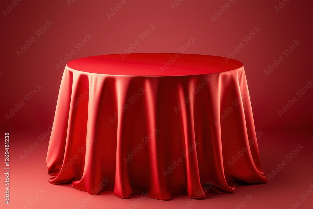 Poster red tablecloth draped elegantly on a round table against a matching background.