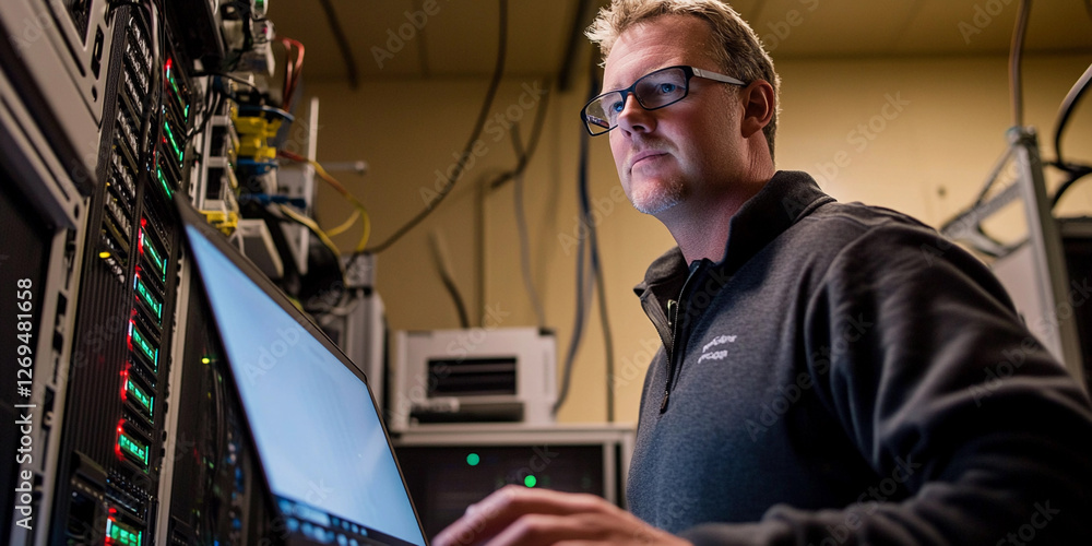 Poster expert technician monitors systems in data center environment
