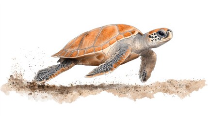 Fototapeta premium A detailed illustration of a sea turtle gliding through water, showcasing its textured shell and graceful movement, Ideal for environmental campaigns, educational materials