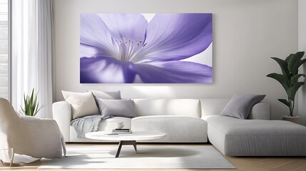 Close-up of a delicate purple flower on a white background, displayed in a modern living room.