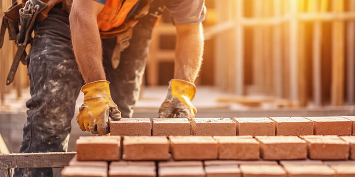 Construction worker laying bricks at a building site