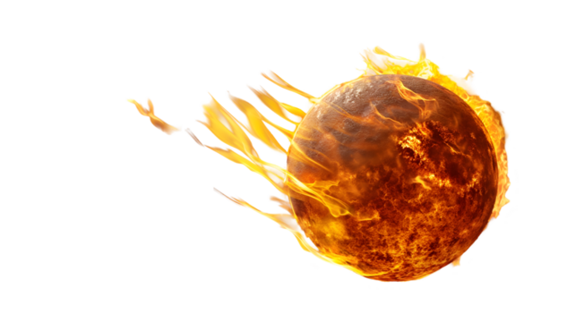 Fiery Burning Sphere Abstract Background, Hot Blaze Ball with Red Flames and Glow, isolated on transparent background.