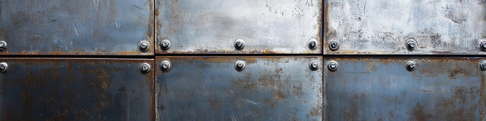 Industrial metal wall with rivets and patina finish
