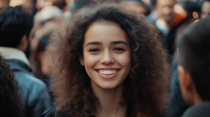 Obraz premium Close-up of a stunning young woman with a blurred city crowd behind her. Elegant young woman in focus with an urban backdrop of blurred people. A radiant young gorgeous woman standing out city crowd