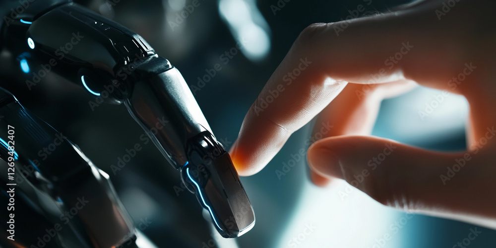 Poster connection between human and robotic hand in close up