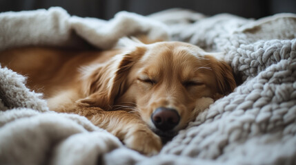 Relaxation and tranquility flourish on National Napping Day with a golden retriever nestled in cozy blankets
