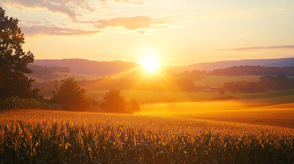 Fototapeta premium Golden Sunrise Over a Vast Cornfield
