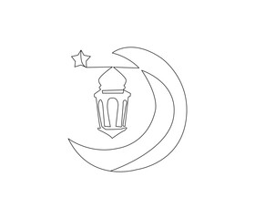 Continuous one line drawing of lantern, moon and star islamic decoration,. Single line drawing illustration for greeting card. Ramadan kareem concept vector art. Doodle line illustration.