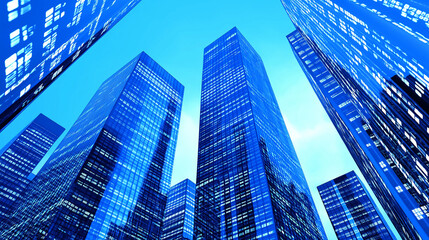 Obraz premium Skyward Gaze: A dramatic low-angle perspective reveals a towering cityscape of sleek, blue-tinted skyscrapers reaching towards a brilliant azure sky, evoking a sense of ambition and progress.