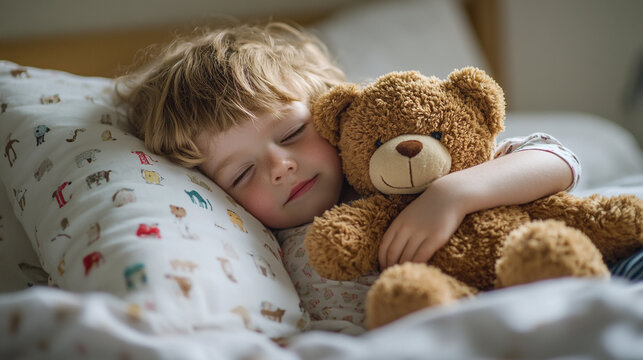 Celebrating National Napping Day with a cozy moment featuring a child peacefully sleeping with a teddy bear on a rainy afternoon