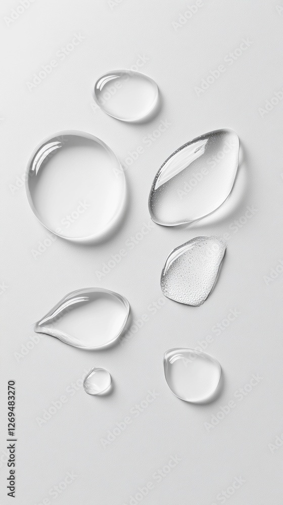 Poster water droplets of varying sizes rest delicately on a sleek surface, reflecting soft light and creati