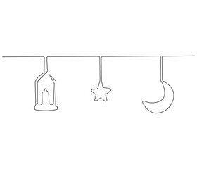 Continuous one line drawing of lantern, moon and star islamic decoration,. Single line drawing illustration for greeting card. Ramadan kareem concept vector art. Doodle line illustration.