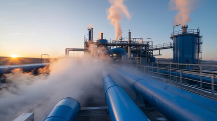 A futuristic industrial plant with blue hydrogen production pipelines, emitting clean steam into the sky.