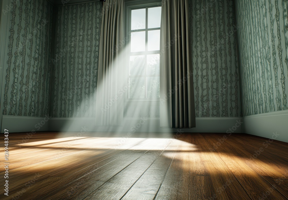 Poster sunlight illuminates a hardwood floor in an empty room with patterned walls and a window with curtai