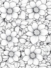 A detailed black and white floral pattern, featuring various flowers and leaves, ideal for coloring books, textile designs, or graphic art projects, It offers a soothing and creative aesthetic,
