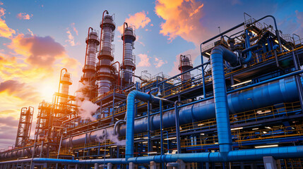 Fototapeta premium A futuristic industrial plant with blue hydrogen production pipelines, emitting clean steam into the sky.