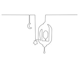 Continuous one line drawing of lantern, moon and star islamic decoration,. Single line drawing illustration for greeting card. Ramadan kareem concept vector art. Doodle line illustration.