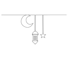 Continuous one line drawing of lantern, moon and star islamic decoration,. Single line drawing illustration for greeting card. Ramadan kareem concept vector art. Doodle line illustration.