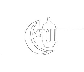 Continuous one line drawing of lantern, moon and star islamic decoration,. Single line drawing illustration for greeting card. Ramadan kareem concept vector art. Doodle line illustration.