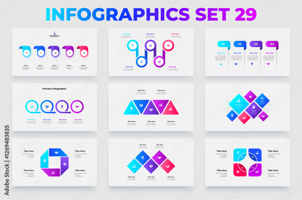 Poster modern set of infographics featuring process and diagram templates for business strategies, workflow