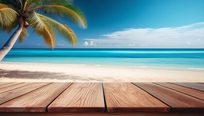 an empty wooden table closeup banner tropical beach cafe sunny summer background with holiday mood for product display and advertisement with copy space for text